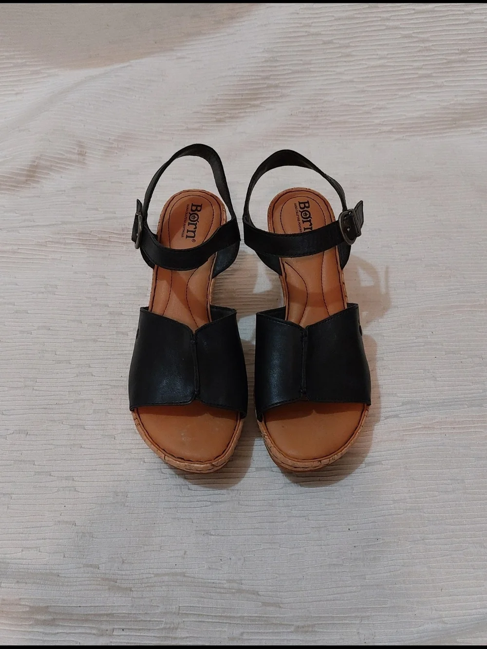 Born Black Leather Wedge Sandals with Cork Heel Women's Size 10M
